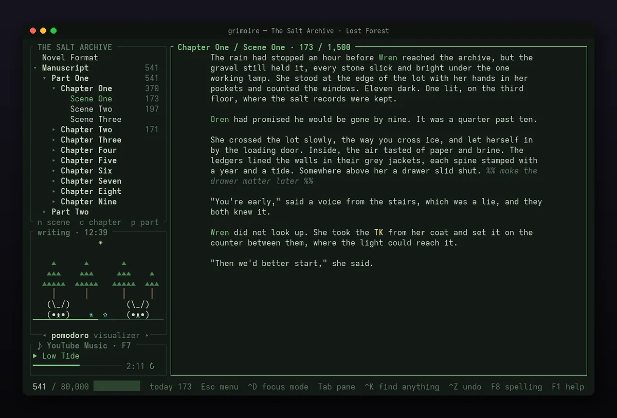 Twenty seconds with Grimoire: a sentence being written, Esc opening a short menu where each row explains itself, the themes changing live, and the Progress page's weekly bars