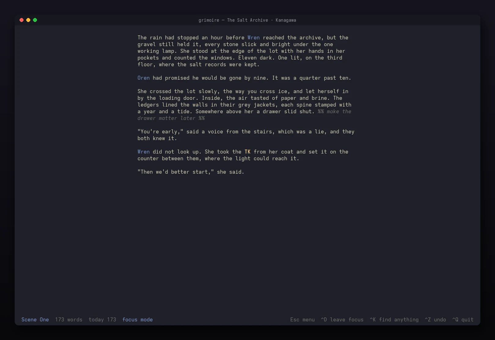 Focus mode in the Kanagawa theme: only the prose, centred