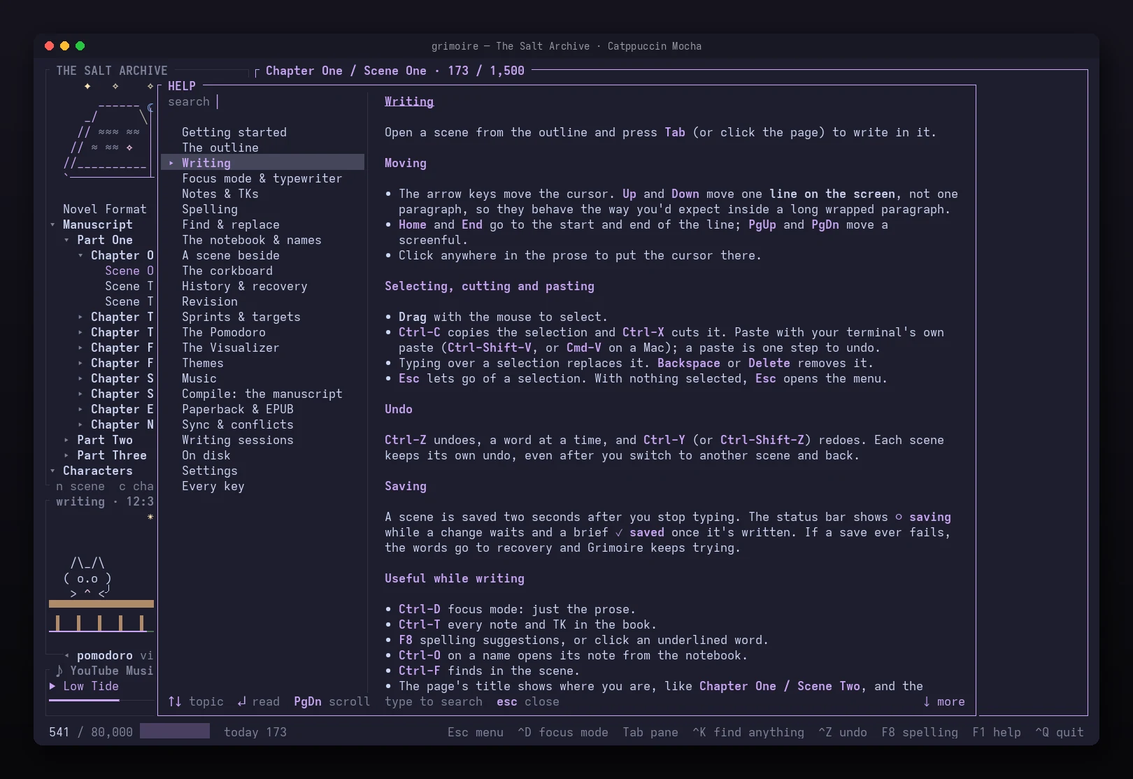 The help inside Grimoire: the topics on the left, Writing open on the right