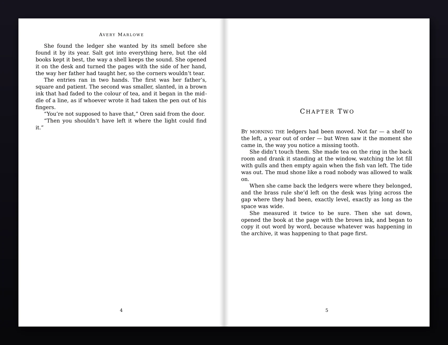 A spread from a 6x9 paperback: a left page with the author's running head facing a chapter opener with a small-caps lead-in