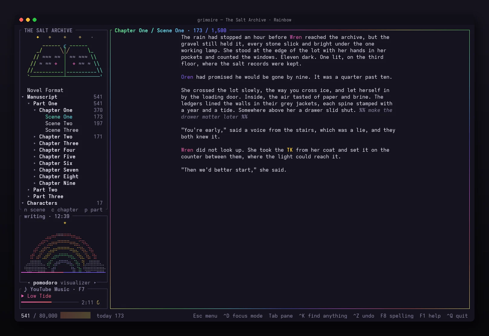 Grimoire in the Rainbow theme: a book's outline under a spellbook, a scene being written, the Pomodoro and the music pane